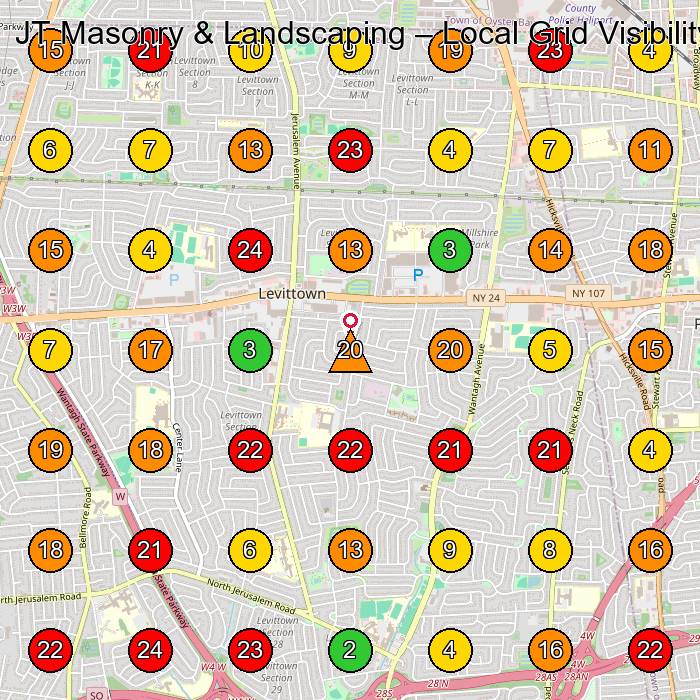 JT Masonry & Landscaping Masonry Contractor GeoGrid ranking map for Levittown NY